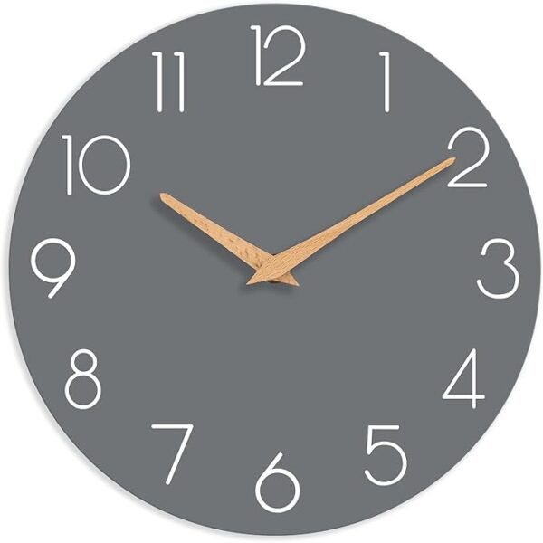 Wall Clock, Gray Wooden Silent Non-Ticking